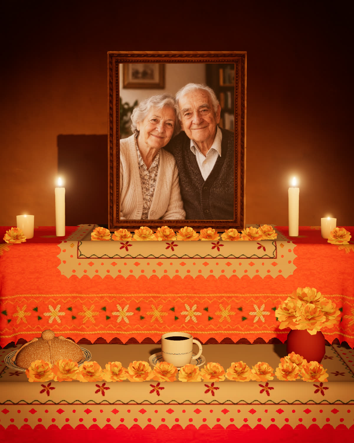 Un altar de Día de Muertos con el retrato de dos abuelos, velas encendidas, cempasúchil, pan y café