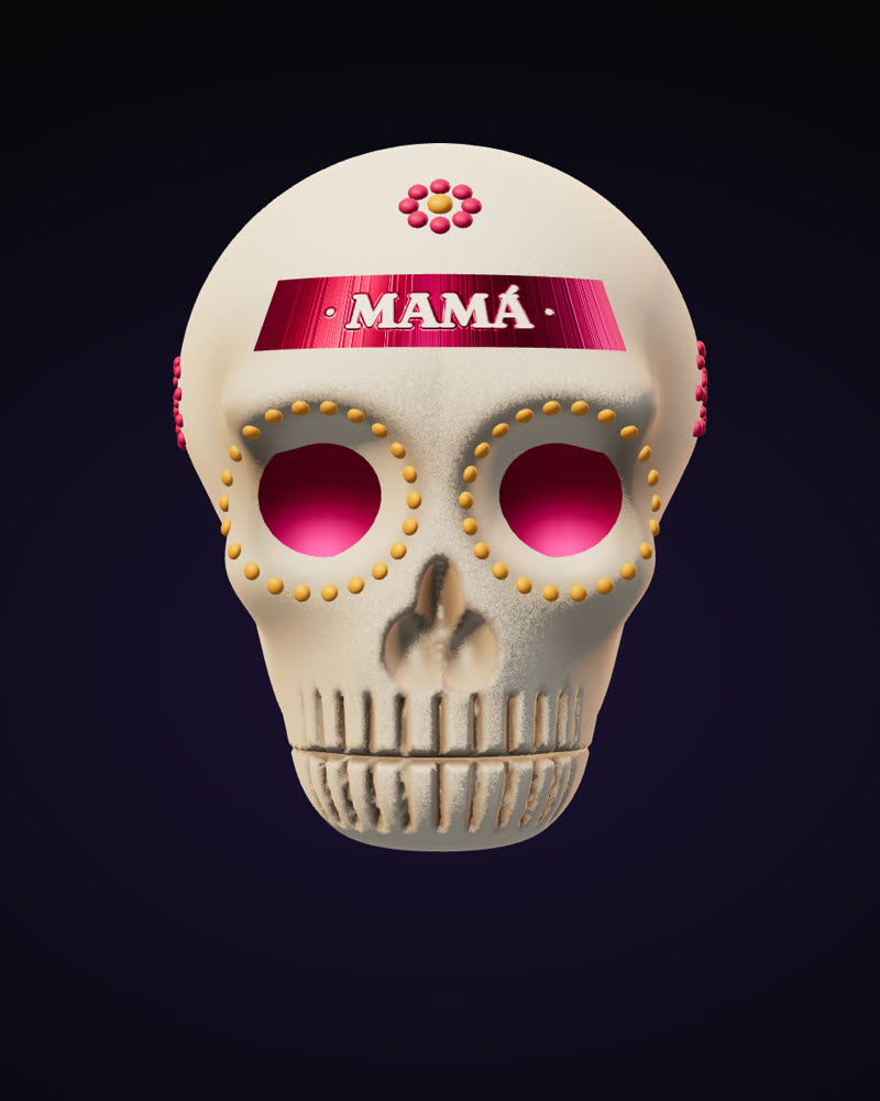 Una calaverita de azúcar en 3D con «Mamá» en la frente
