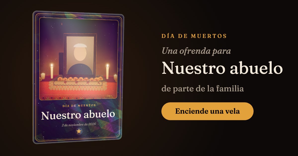 Una ofrenda con su retrato, velas y cempasúchil, dentro de una tarjeta morada